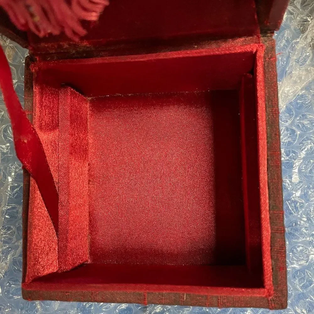 Vintage Red Jewelry Box with bead and tassel 4 x 4 x 3 mirror & removable insert
